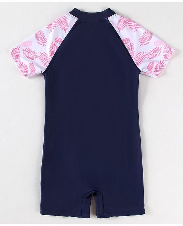 Pine Kids Half Raglan Sleeves Legged Swimsuit With Leaf Print - Navy Blue