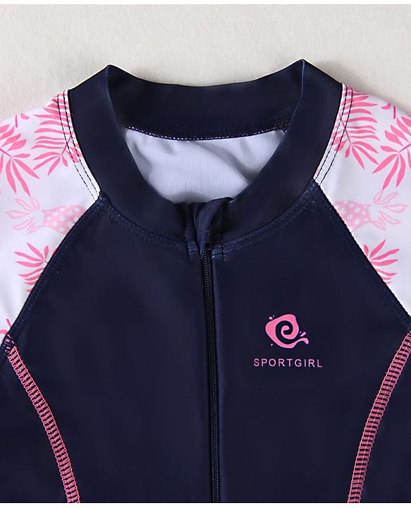 Pine Kids Half Raglan Sleeves Legged Swimsuit With Leaf Print - Navy Blue