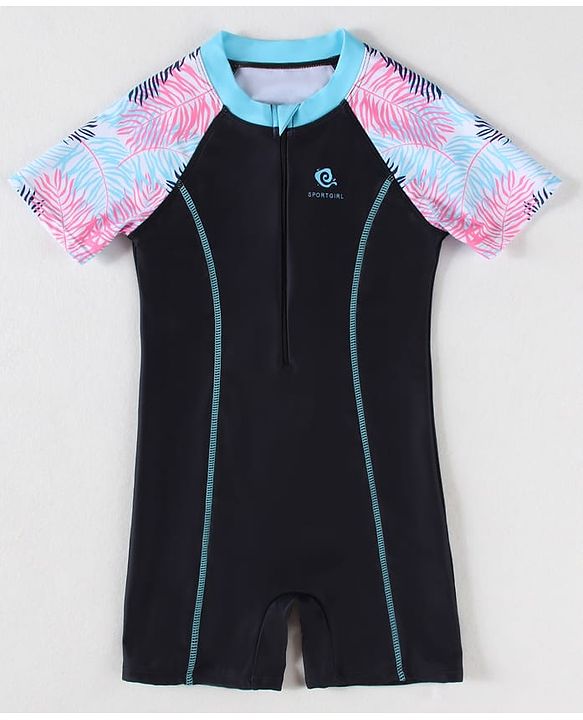 Pine Kids Half Raglan Sleeves Legged Swimsuit With Leaf Print - Navy Blue