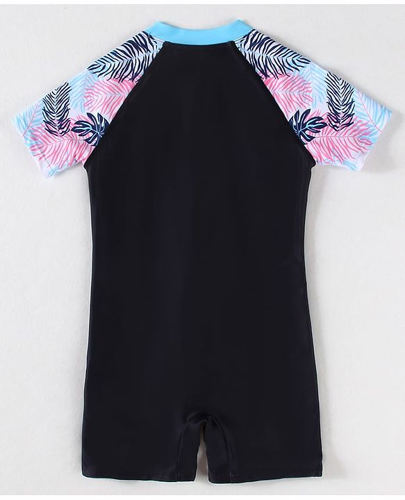 Pine Kids Half Raglan Sleeves Legged Swimsuit With Leaf Print - Navy Blue