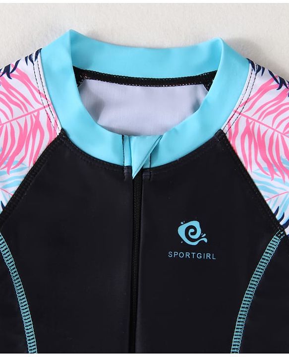 Pine Kids Half Raglan Sleeves Legged Swimsuit With Leaf Print - Navy Blue