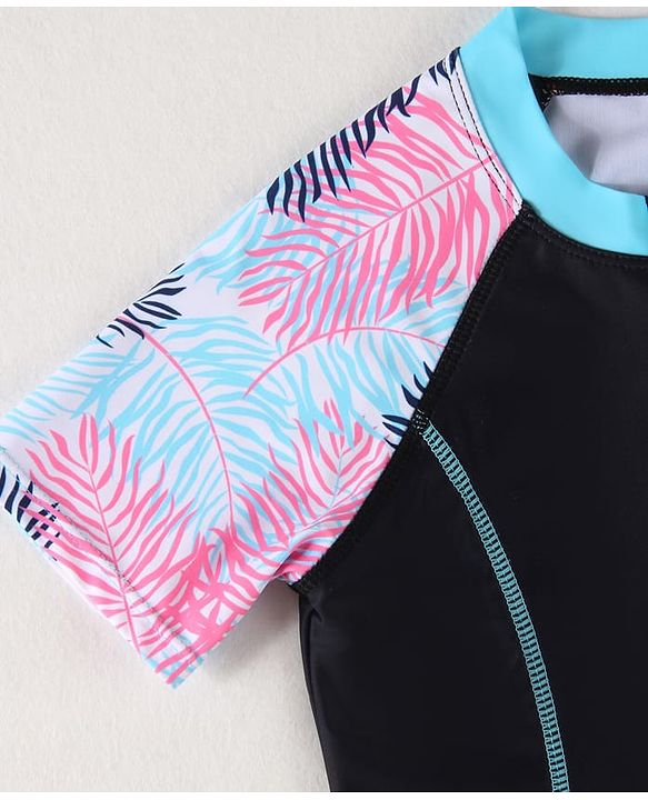 Pine Kids Half Raglan Sleeves Legged Swimsuit With Leaf Print - Navy Blue