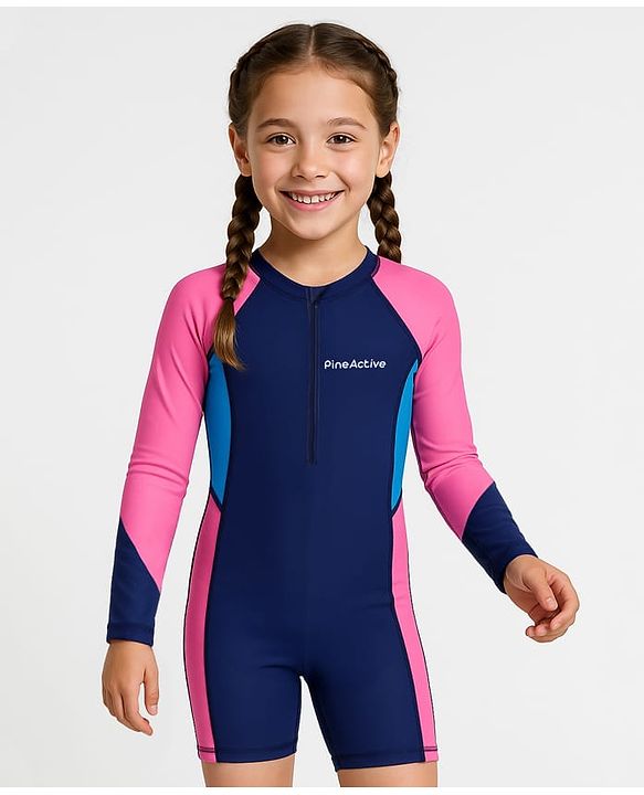 Pine Active Raglan Full Sleeves Legged Swimsuit - Navy Blue