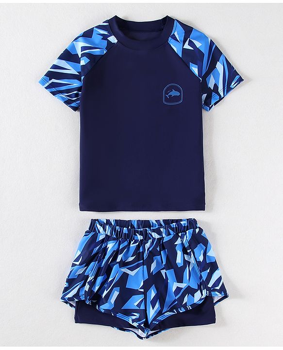 Pine Active Half Sleeves Two Piece Swimsuit With Whale Print - Blue