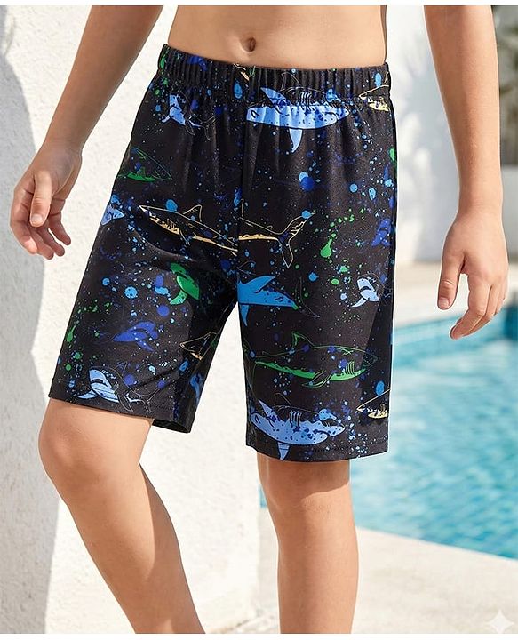 Pine Kids Swimming Trunk With Shark Print - Black
