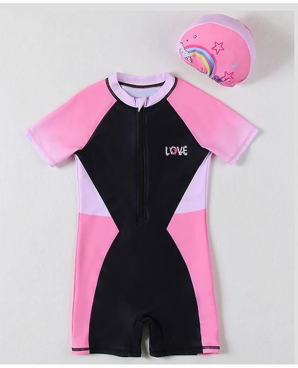 Pine Active Half Raglan Sleeves Legged Swimsuit - Black