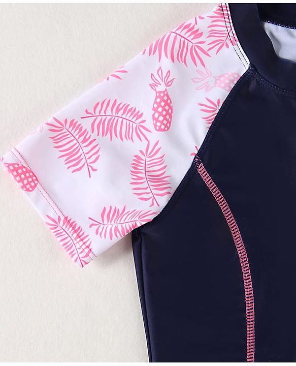Pine Kids Half Raglan Sleeves Legged Swimsuit With Leaf Print - Navy Blue