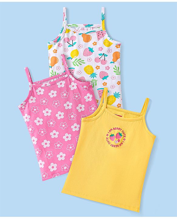 Babyhug Single Jersey Knit Sleeveless Slips With Floral & Tropical Print Pack of 3 - Yellow Pink & White