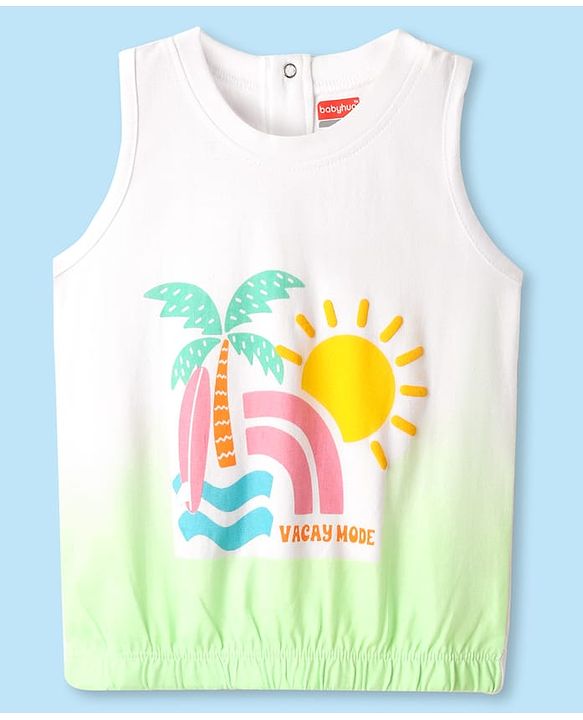 Babyhug Cotton Knit Sleeveless Tank T-Shirt with Beach Theme Print - White