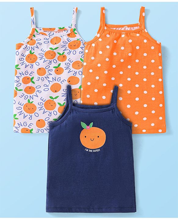 Babyhug 100% Cotton Knit Singlet Sleeves Tangerine & Polka Dots Printed Slips Pack of 3 - Orange & Navy Blue