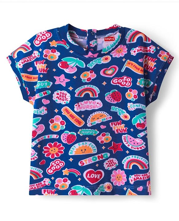 Babyhug Cotton Knit Half Sleeves T-Shirt With Tropical Print - Navy Blue