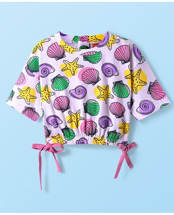 Babyhug Cotton Knit Half Sleeves T-Shirt With Sea Life Print - Lavender