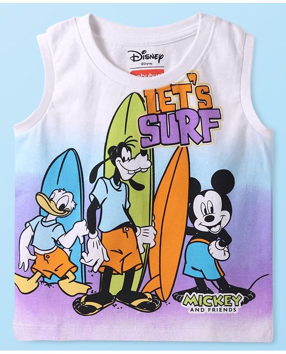 Babyhug Disney Single Jersey Knit Sleeveless Tank T-Shirt with Ombre Effect & Mickey Mouse Graphics - White