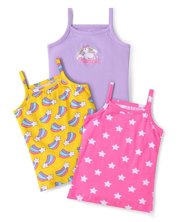 Babyhug 100% Cotton Knit Singlet Sleeves Slips with Star & Unicorn Prints Pack of 3- Dark Pink Yellow & Purple