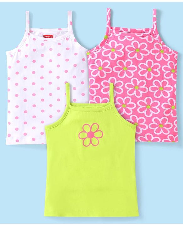 Babyhug 100% Cotton Knit Floral & Polka Dots Printed  Slips  Pack of 3 - White Pink & Green