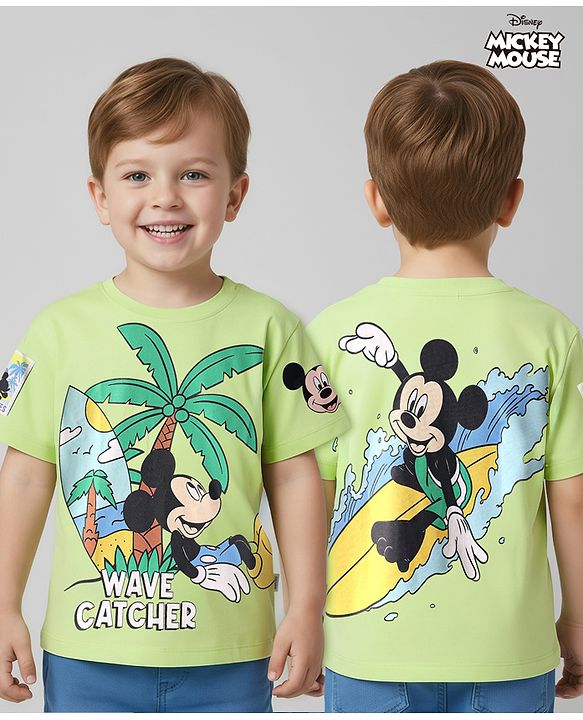 Babyhug Disney Single Jersey Knit Half Drop Shoulder Sleeves T-Shirt with Mickey Mouse Graphics & Patch - Light Green