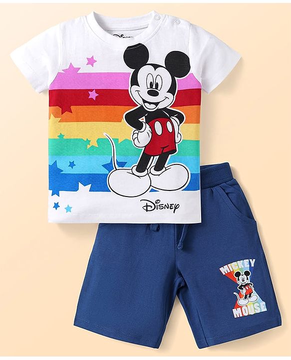 Babyhug Disney Single Jersey Knit Half Sleeves Shorts Night Suit with Mickey Mouse Graphics - Blue & White