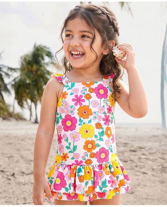 Babyhug Sleeveless Water Repellent Frock Swimsuit With Floral Print - White