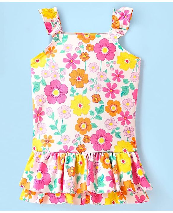 Babyhug Sleeveless Water Repellent Frock Swimsuit With Floral Print - White