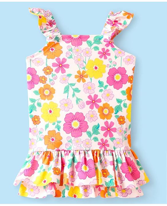 Babyhug Sleeveless Water Repellent Frock Swimsuit With Floral Print - White