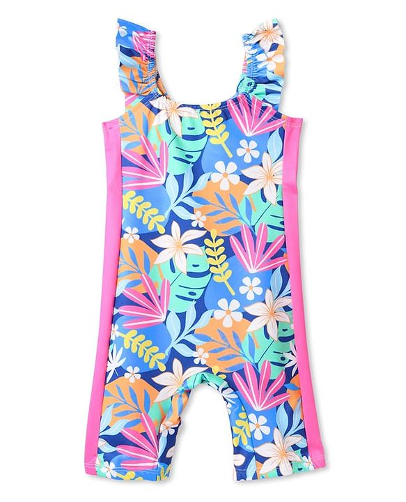 Babyhug Sleeveless Water Repellant Legged SwimSuit Floral Print - Blue