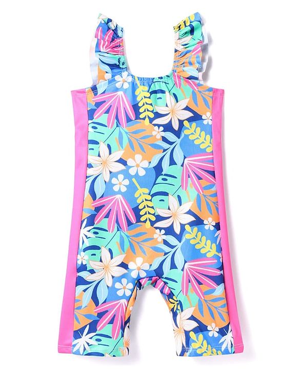 Babyhug Sleeveless Water Repellant Legged SwimSuit Floral Print - Blue