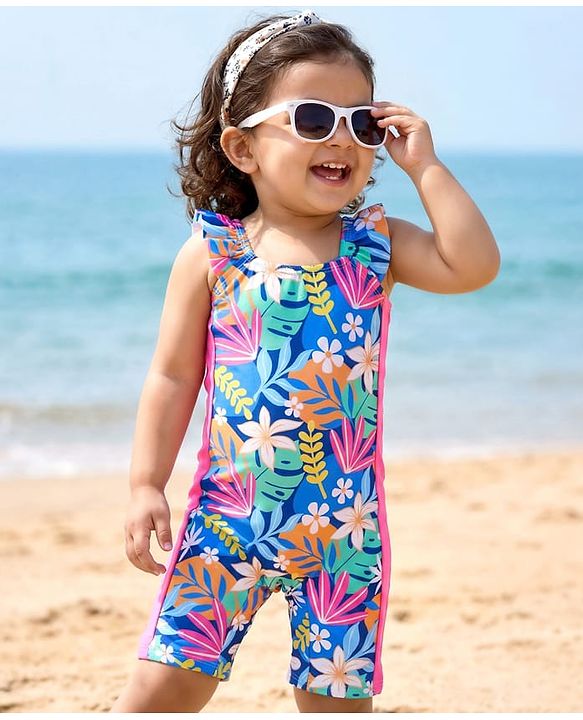 Babyhug Sleeveless Water Repellant Legged SwimSuit Floral Print - Blue