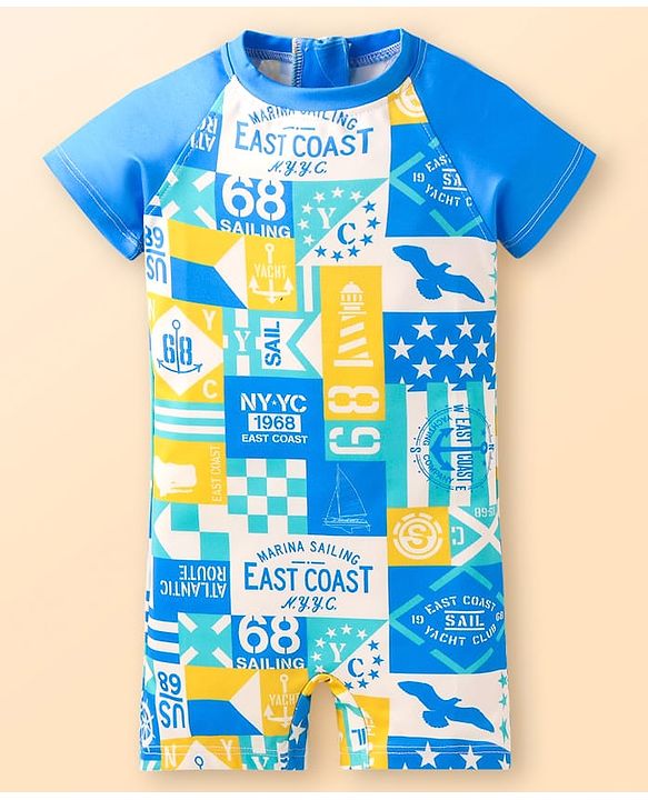 Babyhug Half Raglan Sleeves Water Repellent Legged Swimsuit with Nautical Theme Print - Blue