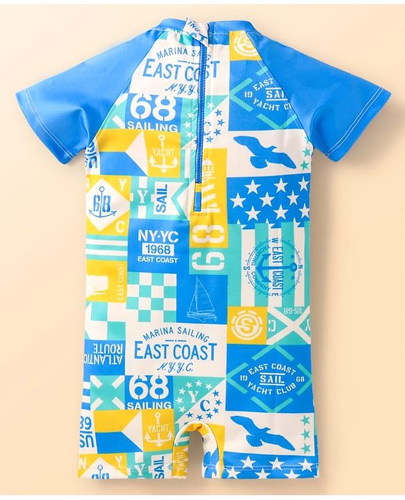 Babyhug Half Raglan Sleeves Water Repellent Legged Swimsuit with Nautical Theme Print - Blue