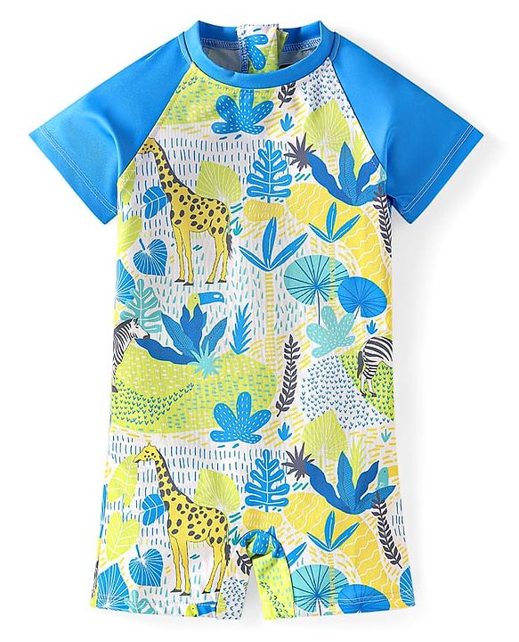 Babyhug Half Raglan Sleeves Water Repellent Legged Swimsuit with Jungle Theme Print - Blue