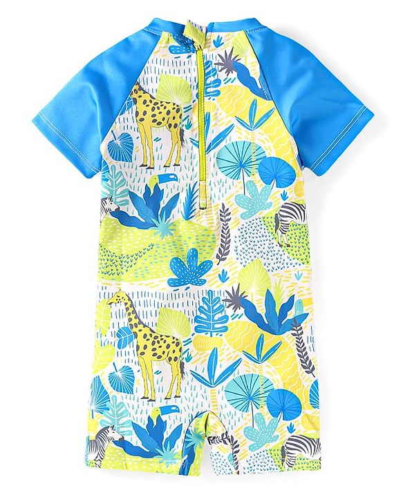Babyhug Half Raglan Sleeves Water Repellent Legged Swimsuit with Jungle Theme Print - Blue
