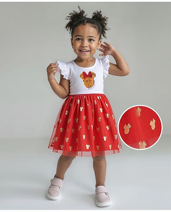 Babyhug Disney Single Jersey Knit Frill Sleeves Dress With Minnie Mouse Graphics - White & Red