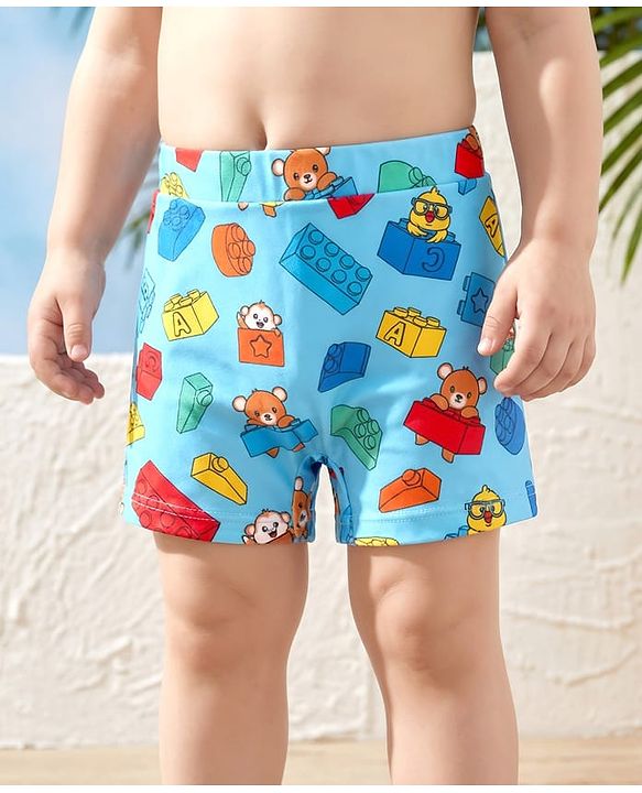 Babyhug Water Repellent Swimming Trunk with Lego Block & Bear Print - Light Blue