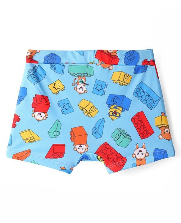 Babyhug Water Repellent Swimming Trunk with Lego Block & Bear Print - Light Blue