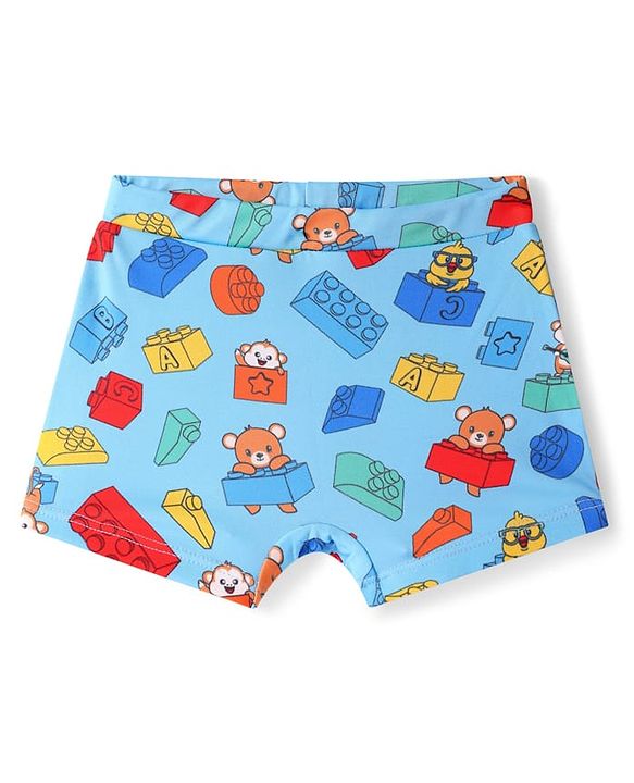 Babyhug Water Repellent Swimming Trunk with Lego Block & Bear Print - Light Blue