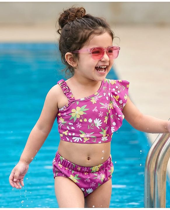 Babyhug Sleeveless Water Repellent Two Piece Swimsuit with Floral Print - Pink