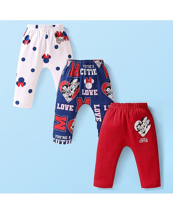 Babyhug Disney Interlock Knit Full Length Diaper Leggings with Minnie & Friends Graphics  Pack of 3- Navy White & Red