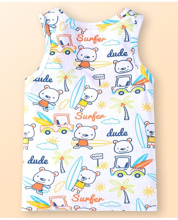 Babyhug 100 % Cotton Knit Sleeveless Striped & Animal Printed Vests Pack of 3 - Coral & White