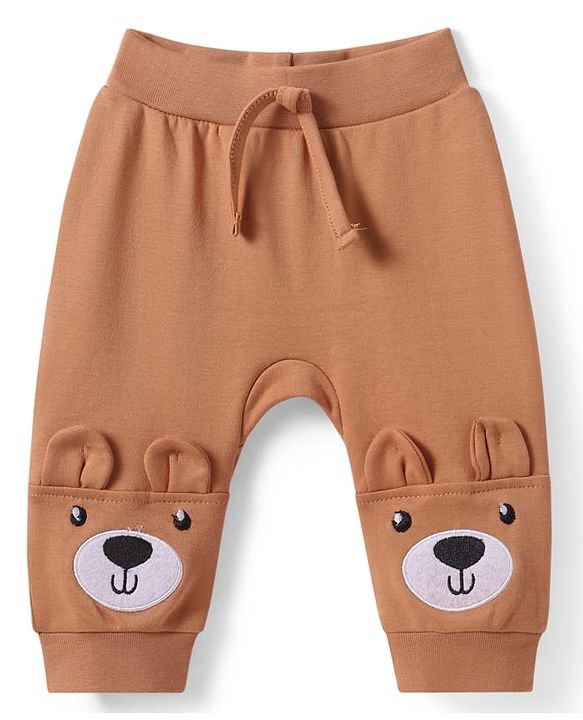 Babyhug Interlock Knit Full Length Diaper Leggings with Bear Applique - Brown