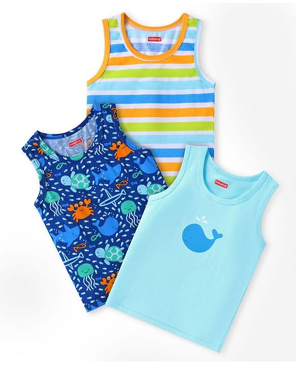 Babyhug 100% Cotton Knit Sleeveless Sando With Stripes & Sea Life Print Pack Of 3 - Blue