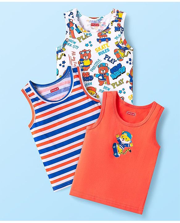 Babyhug 100% Cotton Knit Sleeveless Sandos With Stripes & Cub Print Pack of 3 - Blue Red & White