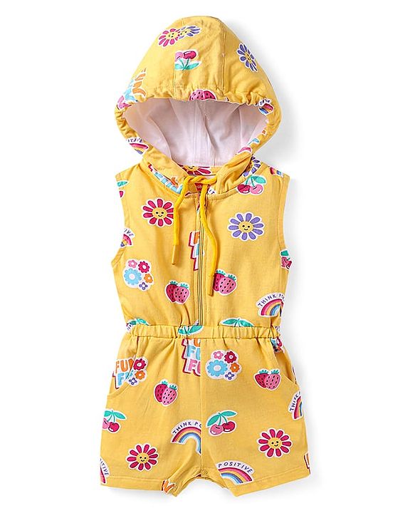 Babyhug Cotton Knit Sleeveless Hooded Jumpsuit with Tropical Theme Print - Yellow