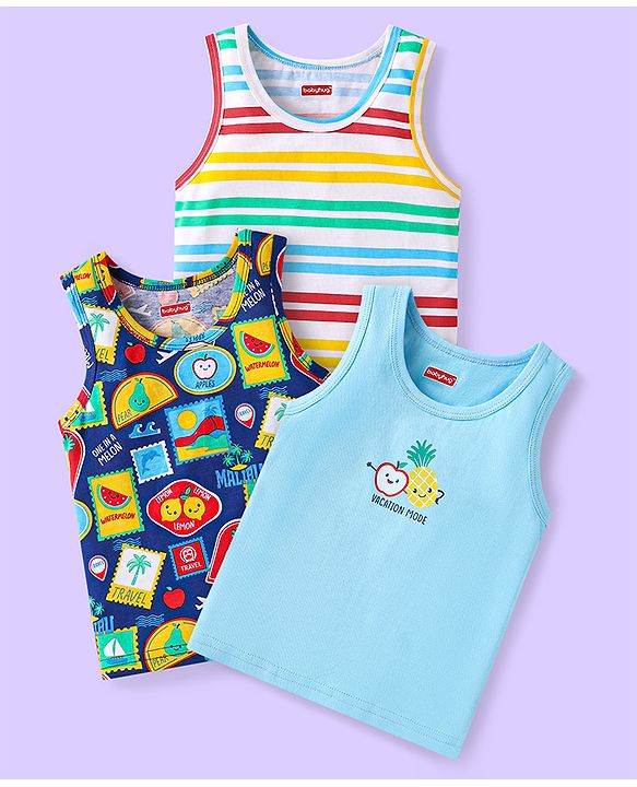 Babyhug 100% Cotton Knit Antibacterial Sleeveless Sandos with Stripes & Beach Theme Print Pack of 3 - Light Blue & Navy Blue