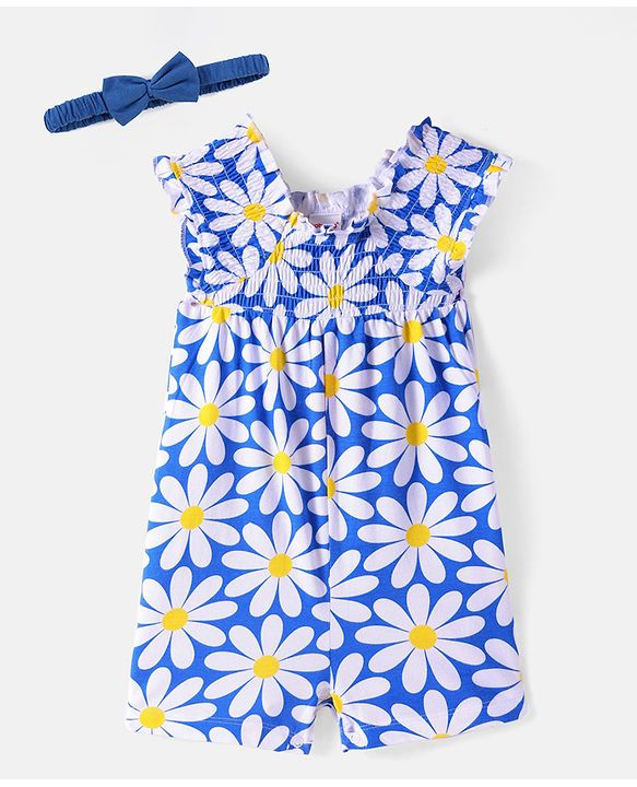 Babyhug 100 % Cotton Sleeveless Knit Romper & Hairband with Floral Print - White & Blue