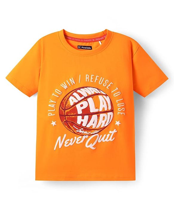 Pine Kids Cotton Knit Half Sleeves T-Shirt with Text Print - Orange
