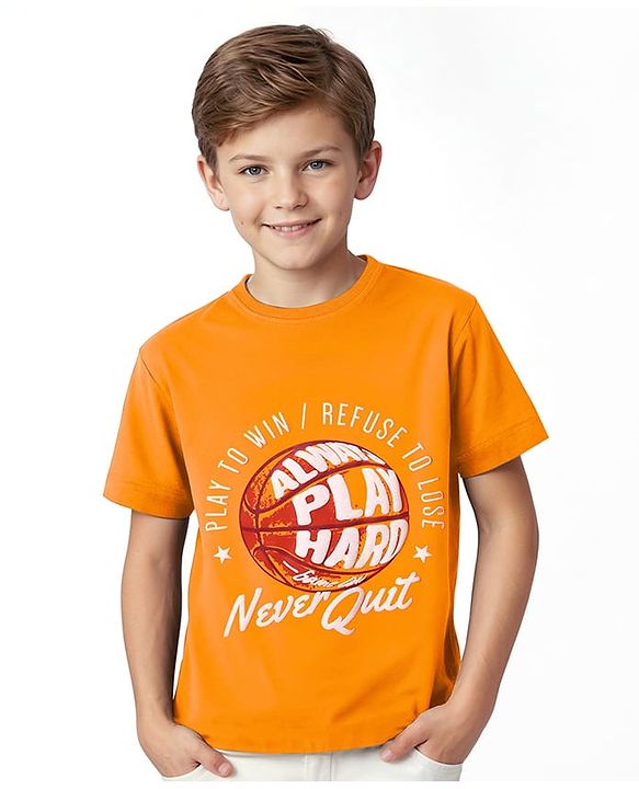 Pine Kids Cotton Knit Half Sleeves T-Shirt with Text Print - Orange