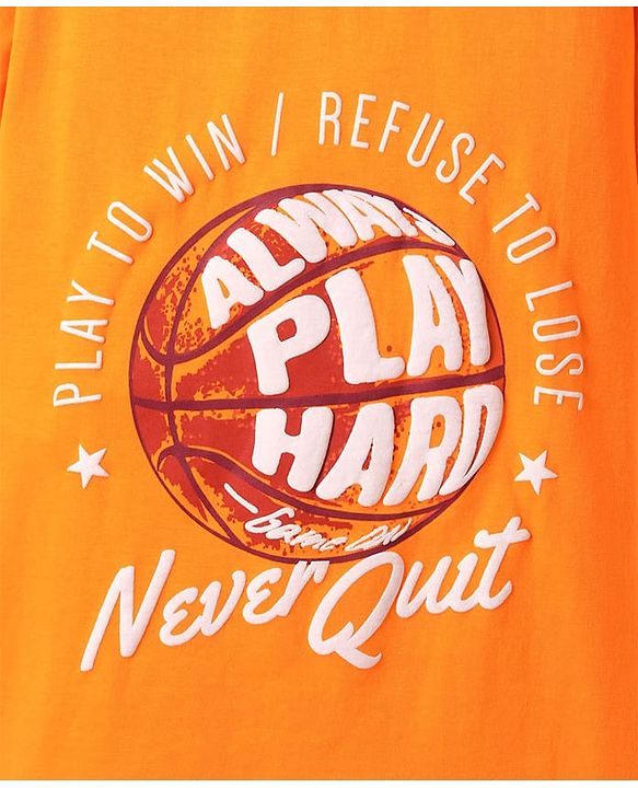 Pine Kids Cotton Knit Half Sleeves T-Shirt with Text Print - Orange