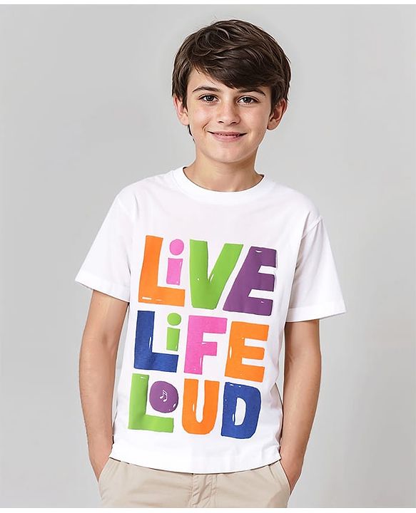 Pine Kids Cotton Knit Half Sleeves T-Shirt with Live Life Loud Text Print - White