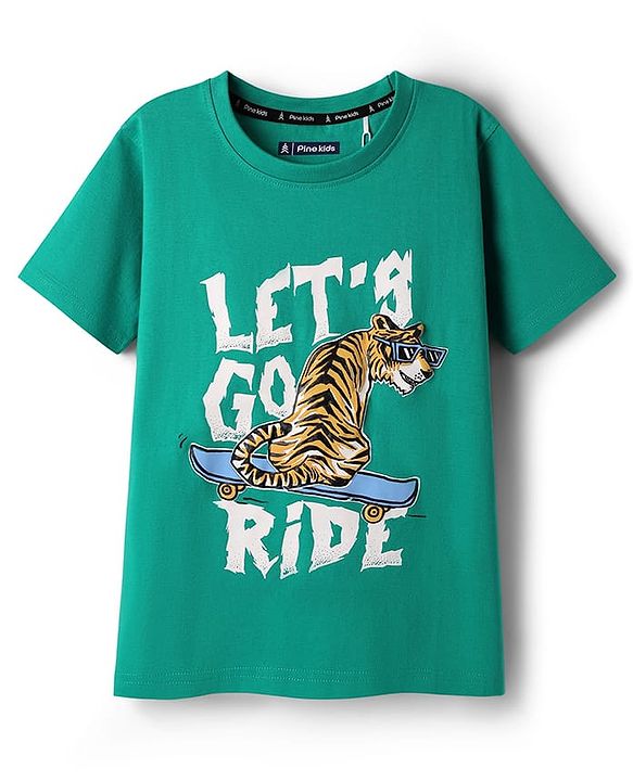 Pine Kids Cotton Knit Half Sleeves T-Shirt With Lets Go Ride Text Print - Mint