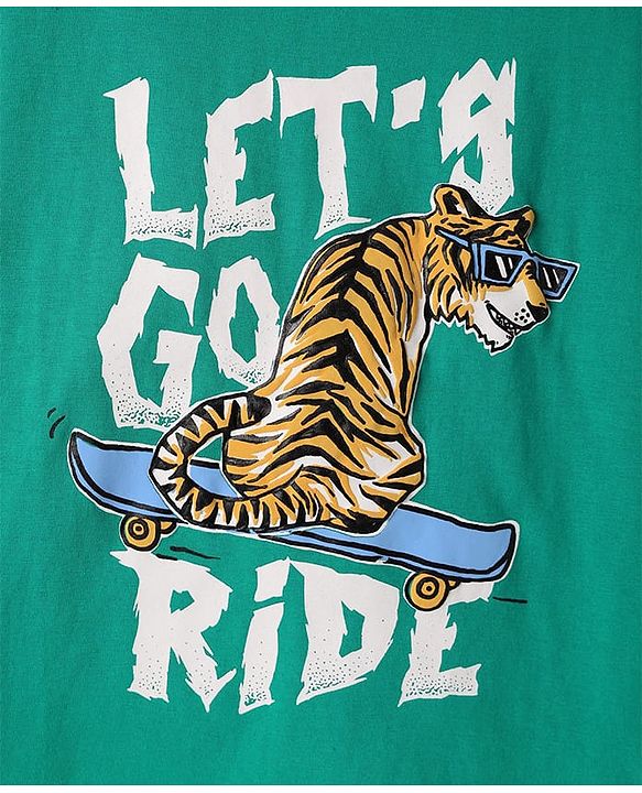 Pine Kids Cotton Knit Half Sleeves T-Shirt With Lets Go Ride Text Print - Mint